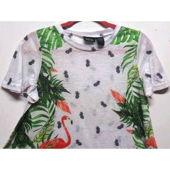 Sara Studio Womens top Sz M white orange flamingos Pineapples Tropical Knit EUC - Picture 4 of 8
